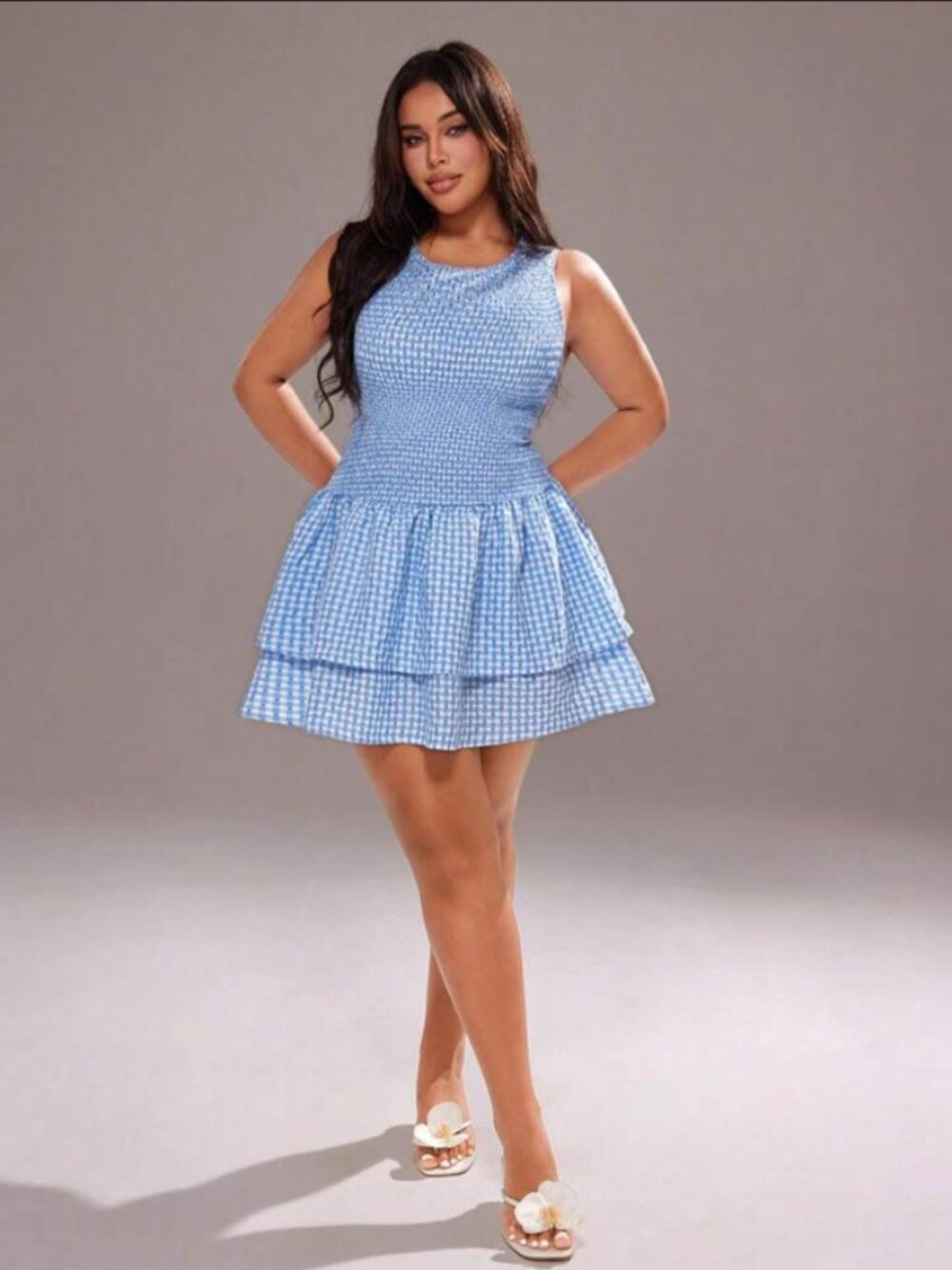 Blue Gingham Smocked Tiered Mini Dress Size 0XL Plus